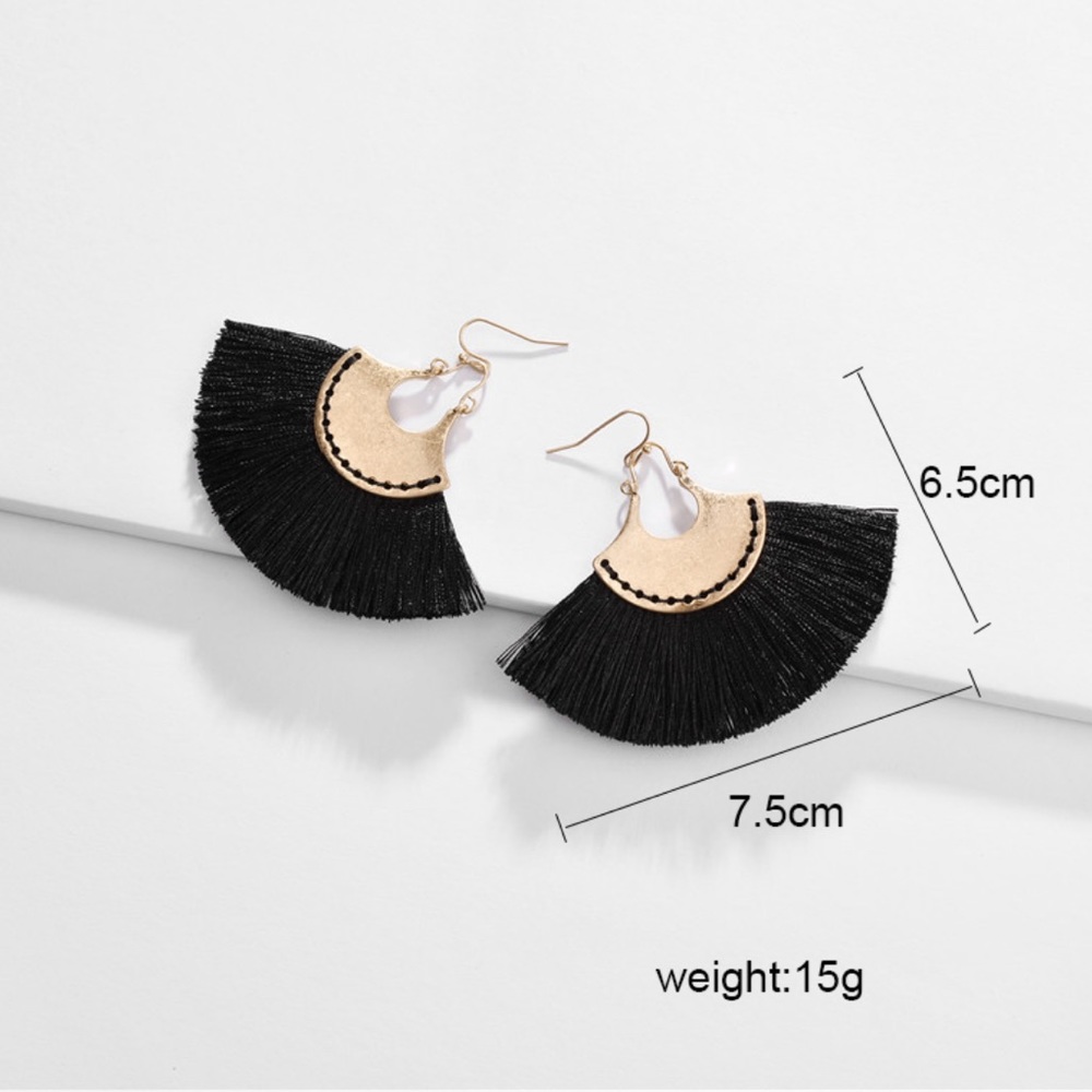 Vintage Gold Black Fan Tassel Drop Earrings - Picture 3 of 3